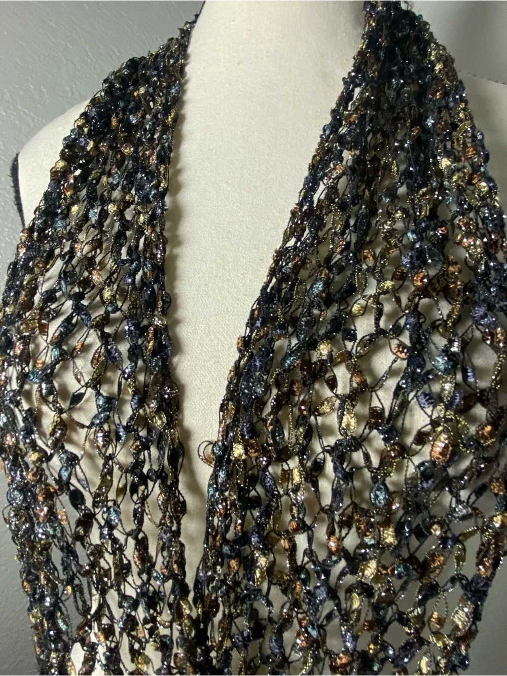 Y2K Blue & Tan Crochet Fringe Scarf